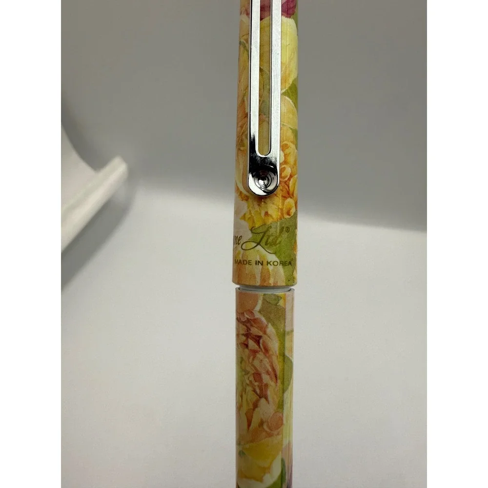 Lady Jayne Floral Rollerball Pen Yellow Pink Dahlia Print Silver Clip Korea